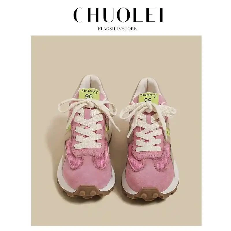 粉红色老爹鞋女2025春季新款复古烟熏24秋冬做旧阿甘休闲运动鞋子