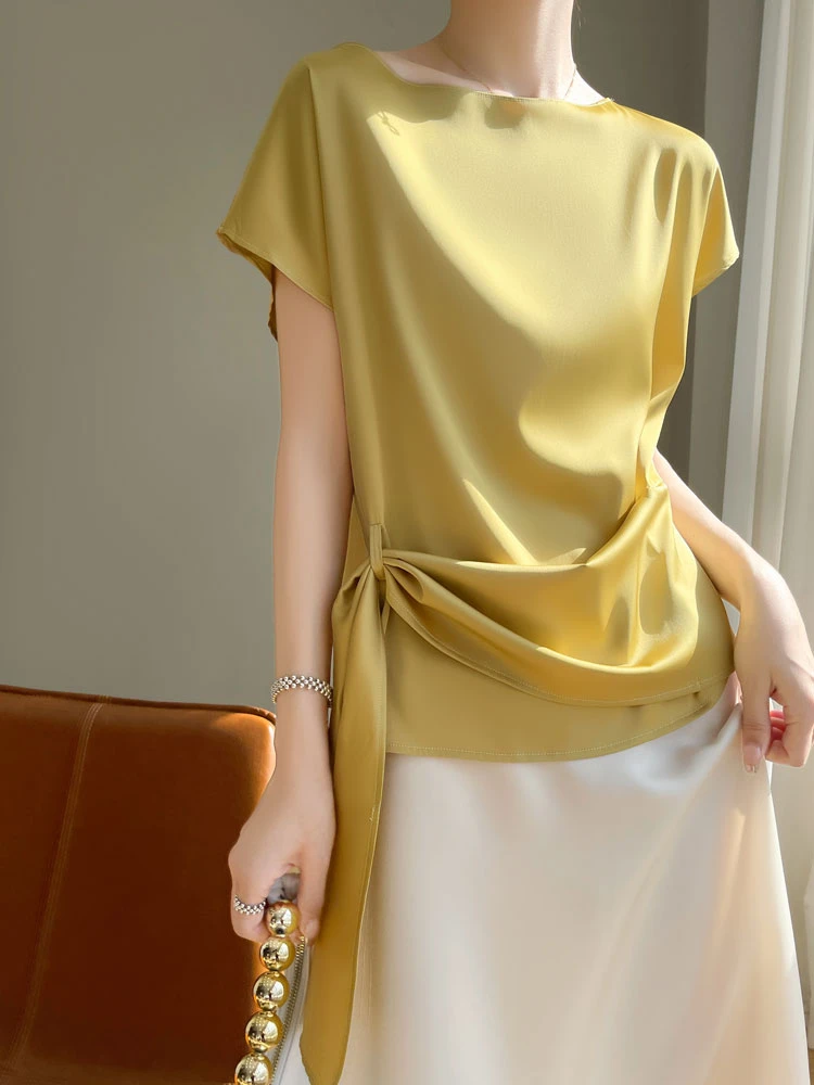 夏季宽松显瘦收腰气质泡泡袖荡领T恤韩版一字领短袖静奢风纯色