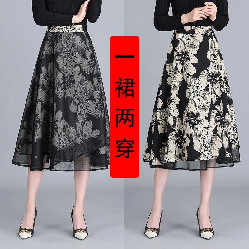 A夏季两面穿抖英爆款一片式网纱半身裙中长款垂感花色a字大摆裙子