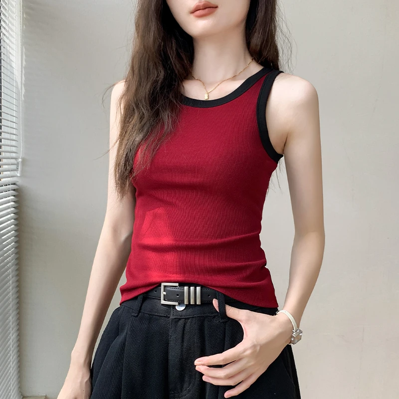 拼色设计感圆领无袖背心女2025春夏新款辣妹外穿修身开衫内搭上衣