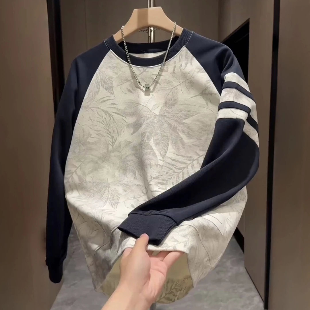 秋季新款提花拼接撞色圆领卫衣男士潮牌高级感宽松百搭休闲打底衫