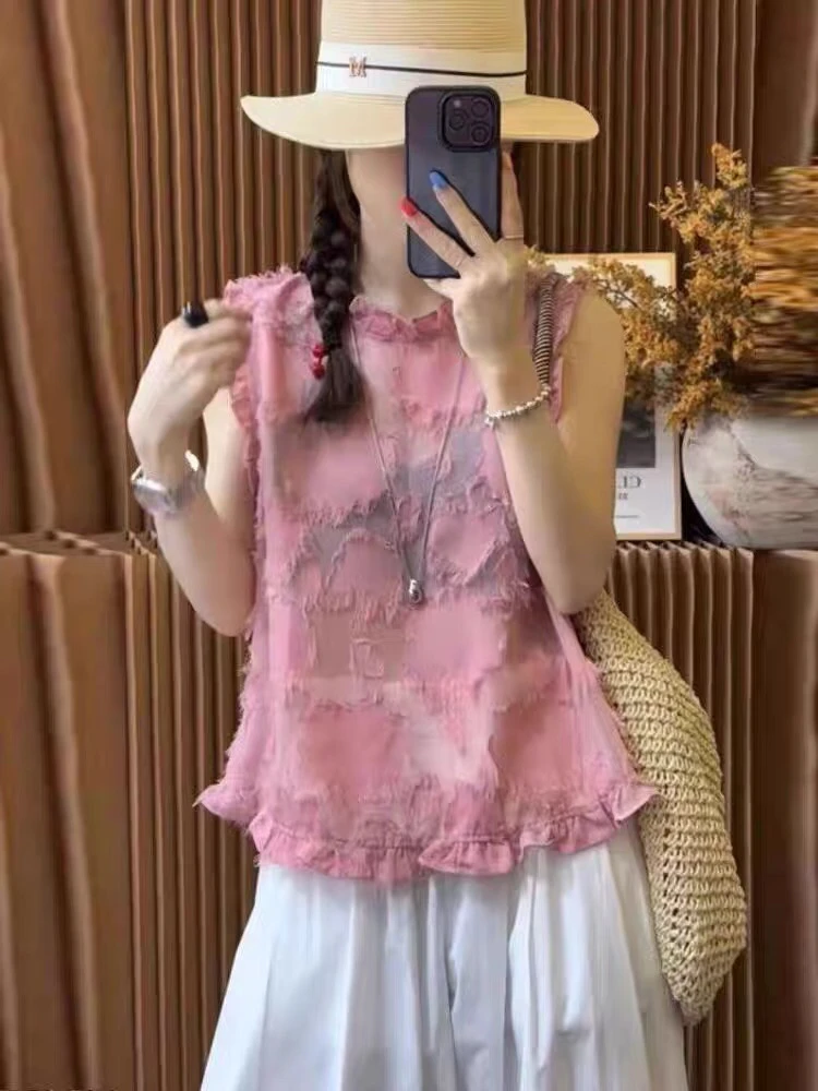 2025夏季新款小衫木耳边不规则下摆T恤无袖时尚休闲设计款上衣