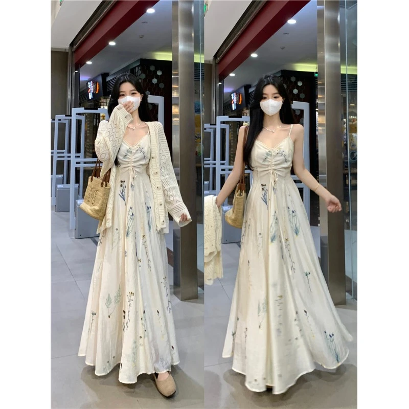 大码胖mm法式气质连衣裙女春季时尚套装吊带长裙外搭镂空针织开衫