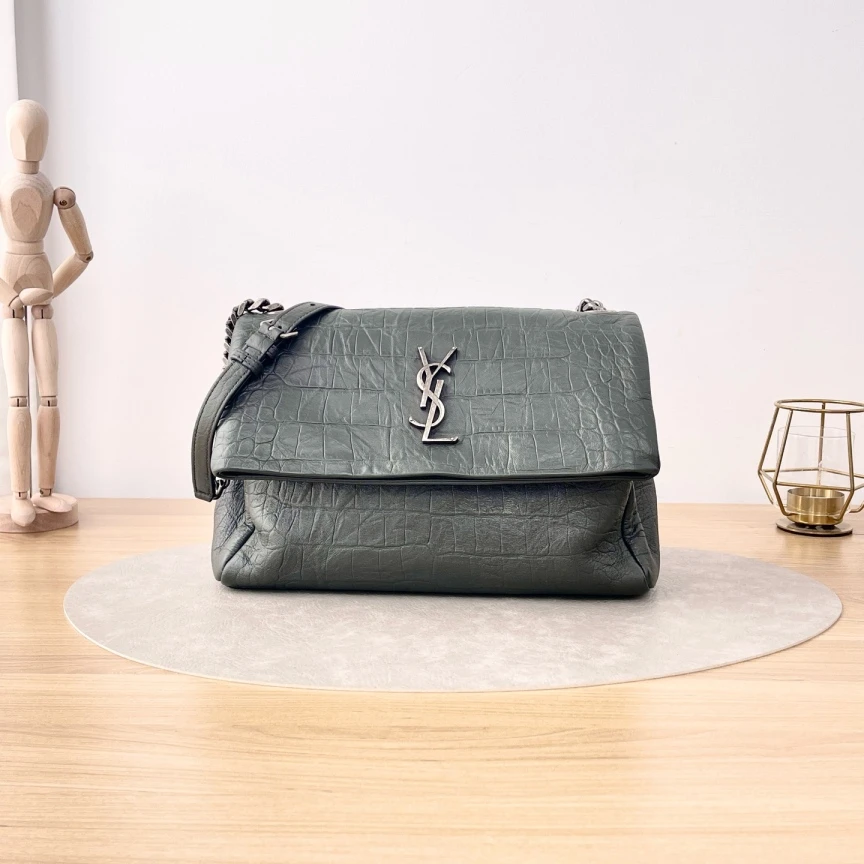 95新 YSL/圣罗兰 灰色鳄压纹单肩包/5262