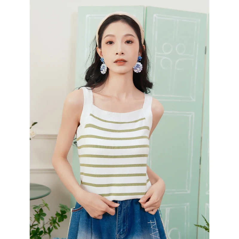 【超级单品薄荷千层 可外穿高级背心海军风条纹吊带针织衫女