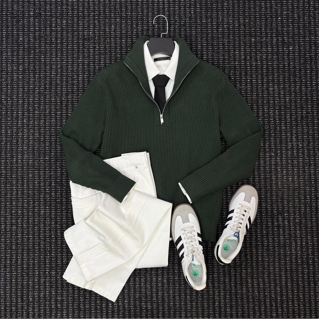 Gracefo冬季半拉链立领毛线针织衫男士保暖厚款毛衣男羊毛衫