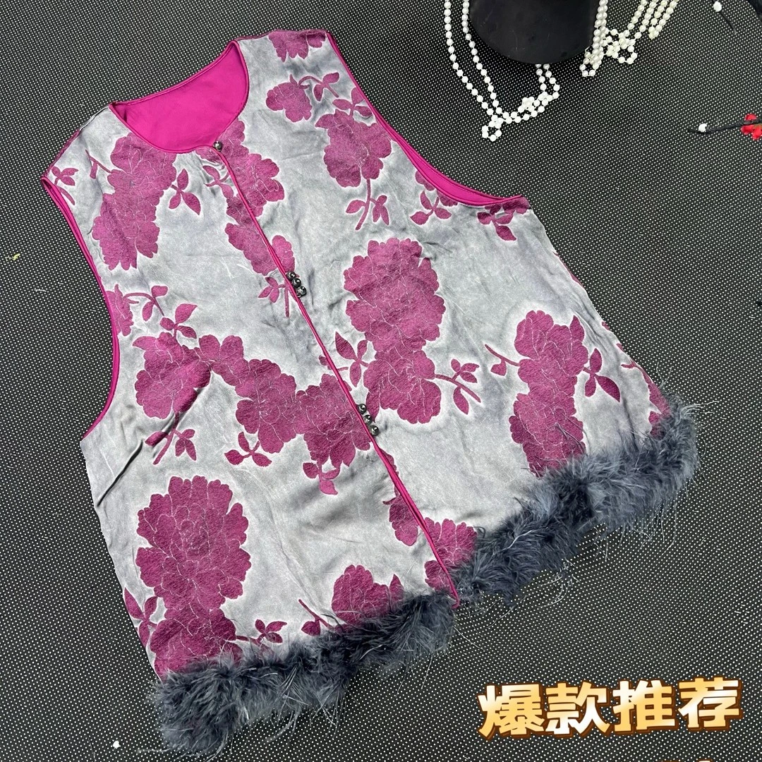得得羽毛拼接马夹原创设计宽松型提花植物花卉常规款