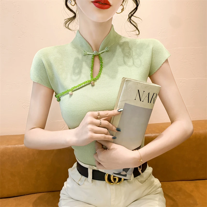 实拍 2025新款打底衫上衣潮钻钻镂空盘扣冰丝半袖T恤女针织衫