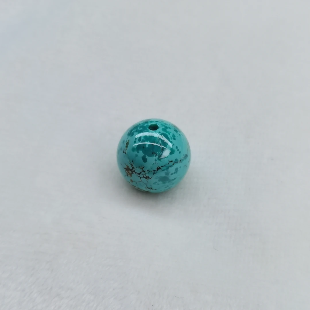 原矿高瓷绿松石玉化雨点带水草纹圆珠 直径13MM 重3.2g