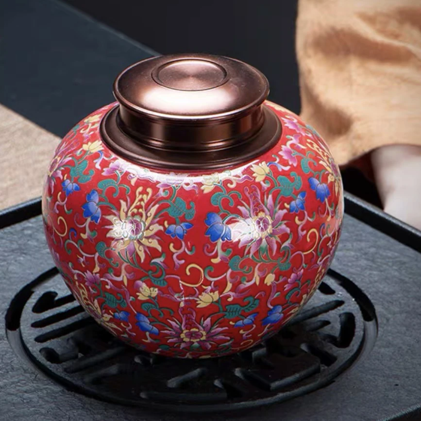 经典红珐琅彩茶叶罐密封罐a38