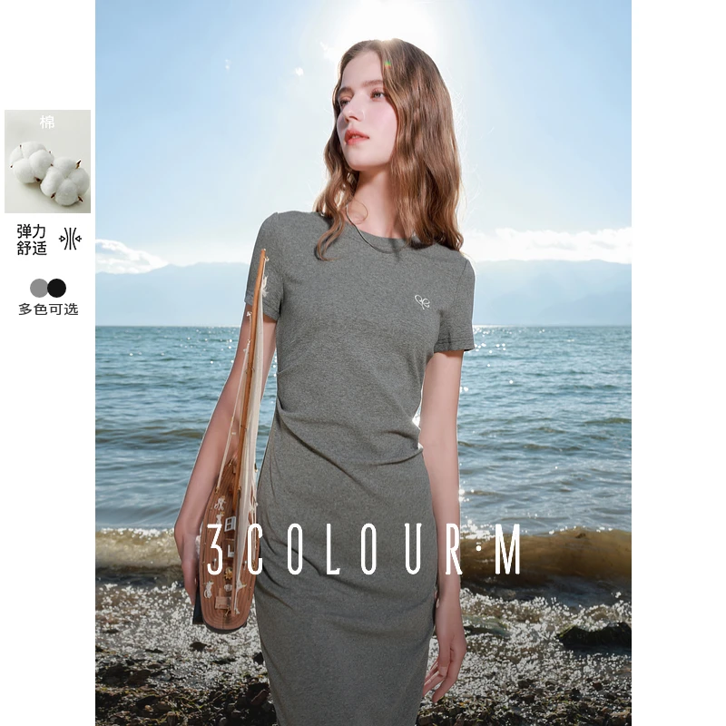 三彩2025春季新款休闲简约T恤裙修身短袖圆领连衣裙长裙显瘦M