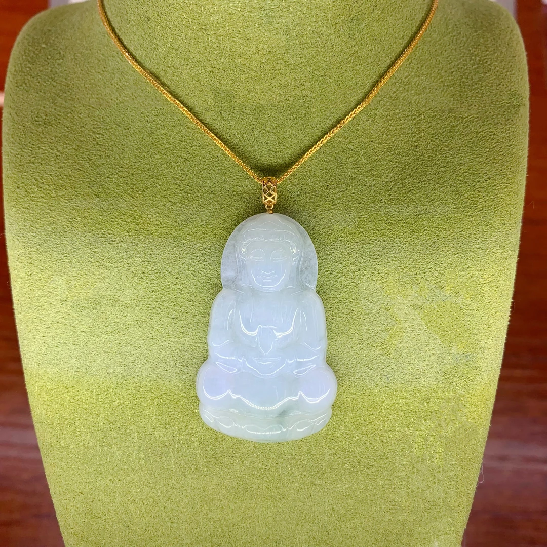 BAQIZHUBAO/八七珠宝・多样性  天然A货翡翠金镶观音吊坠