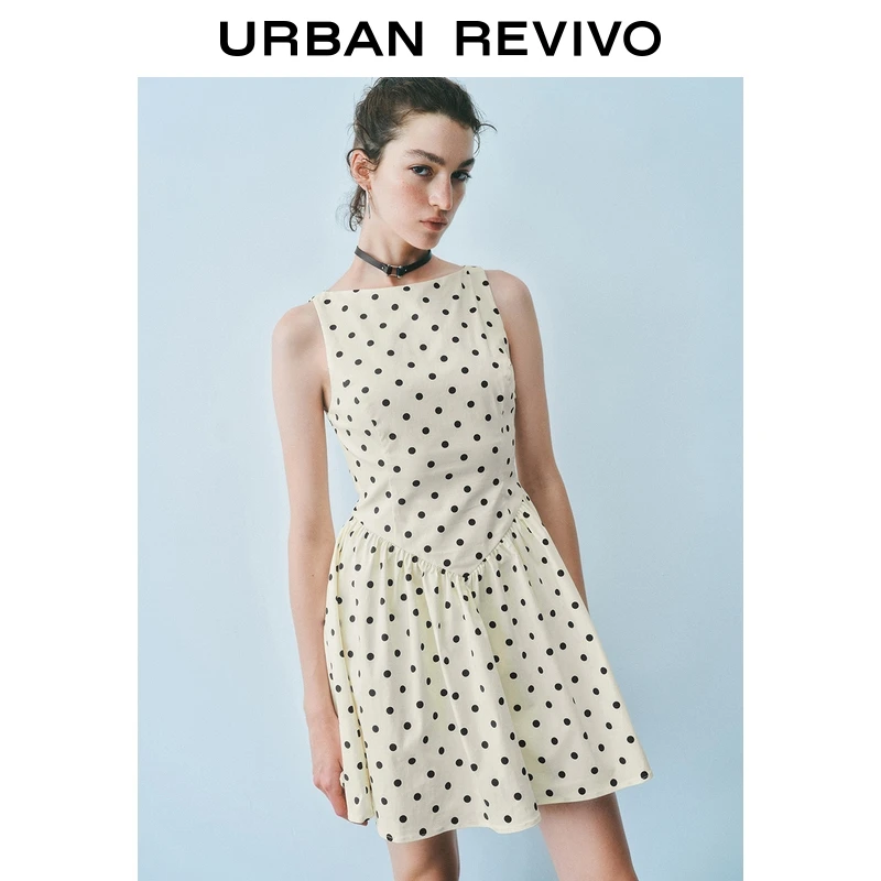 UR2025秋季新款女流光风波点蝴蝶结装饰无袖连衣裙UWG750189