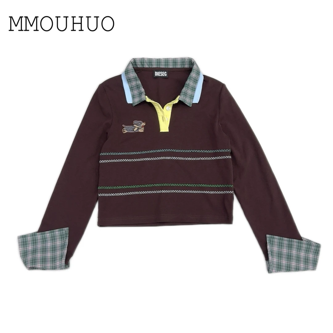 深圳MMOUHUO新款Polo领格子翻领拼色长袖T恤