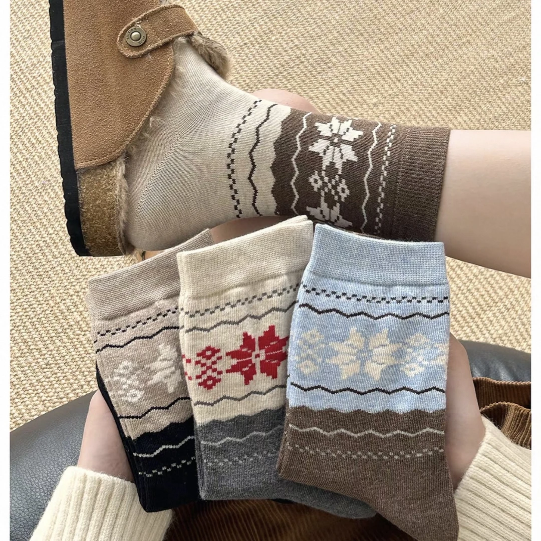 女款【5双装】保暖羊毛袜费尔岛系雪花袜子中筒袜冬季加厚韩系冬袜