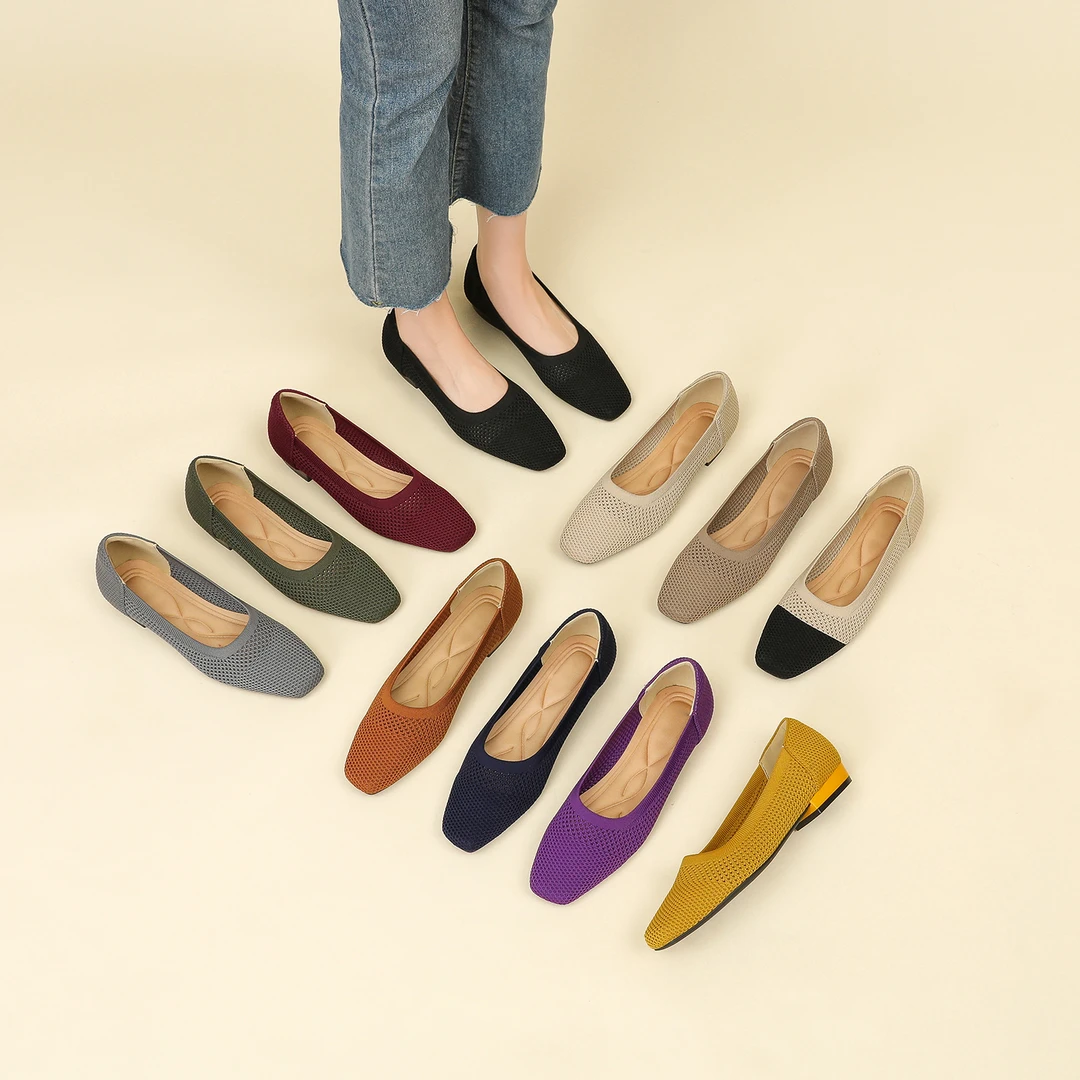 2025春秋新款纯色方头平底平跟软底单鞋休闲鞋透气女士针织王妃鞋