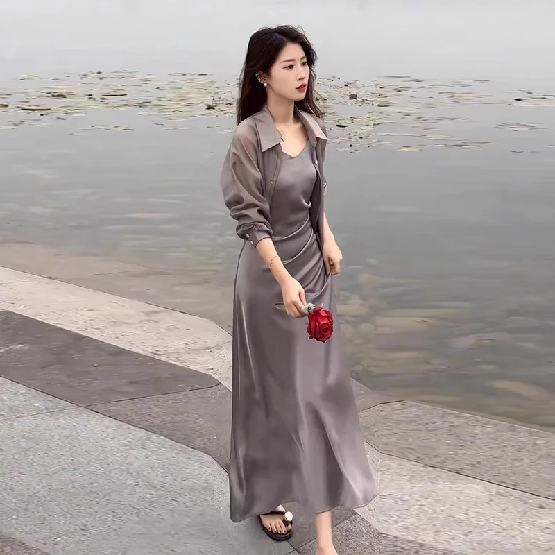 轻熟风连衣裙套装女新款收腰显瘦吊带裙防晒衫衬衣洋气两件套1293