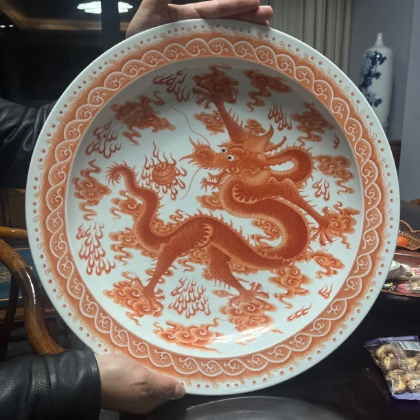 凡红龙盘摆件景德镇手工手绘高端陶瓷狮子茶具直径43.6