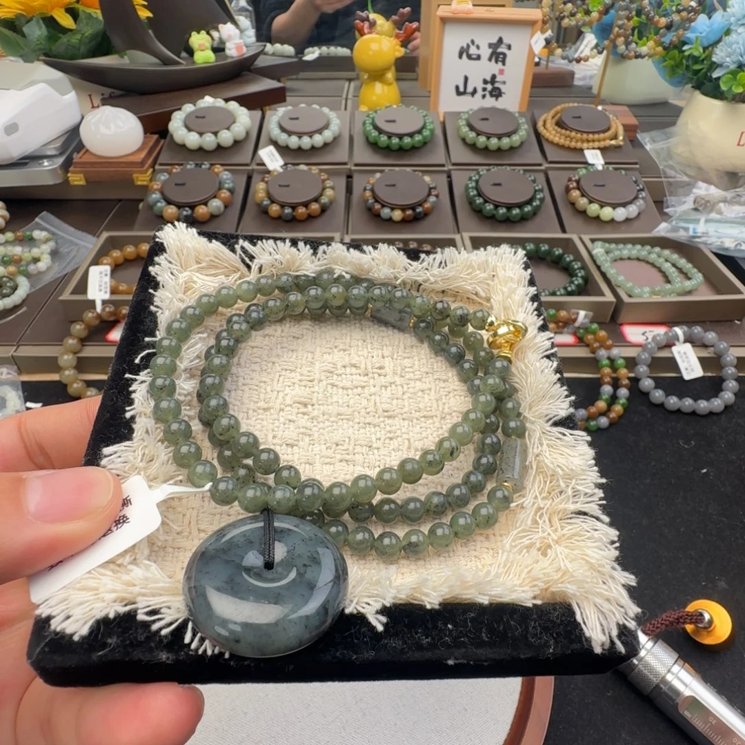 和田玉未镶嵌手链卡6点墨青花女神链➕平安扣，70