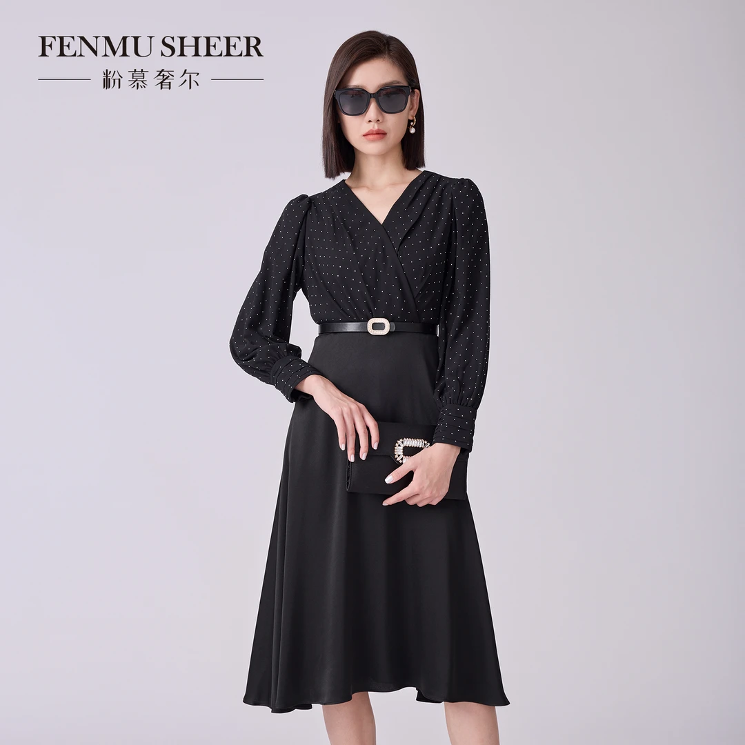 【丽公主专属】粉慕奢尔『流星雨语』醋酸优雅烫钻显瘦连衣裙D2387