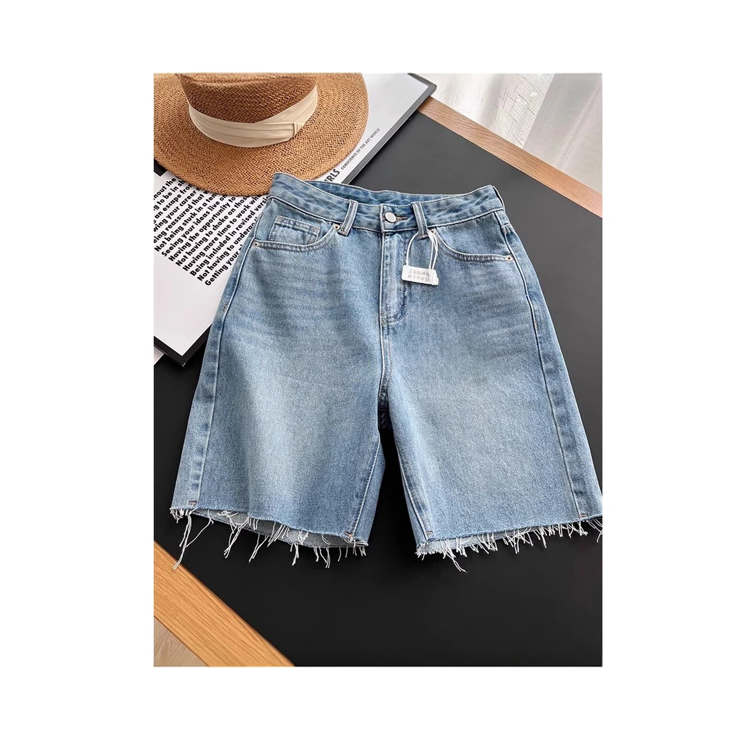 LILI浅蓝色毛边牛仔短裤女2025爆款高腰宽松显瘦直筒裤通勤百搭