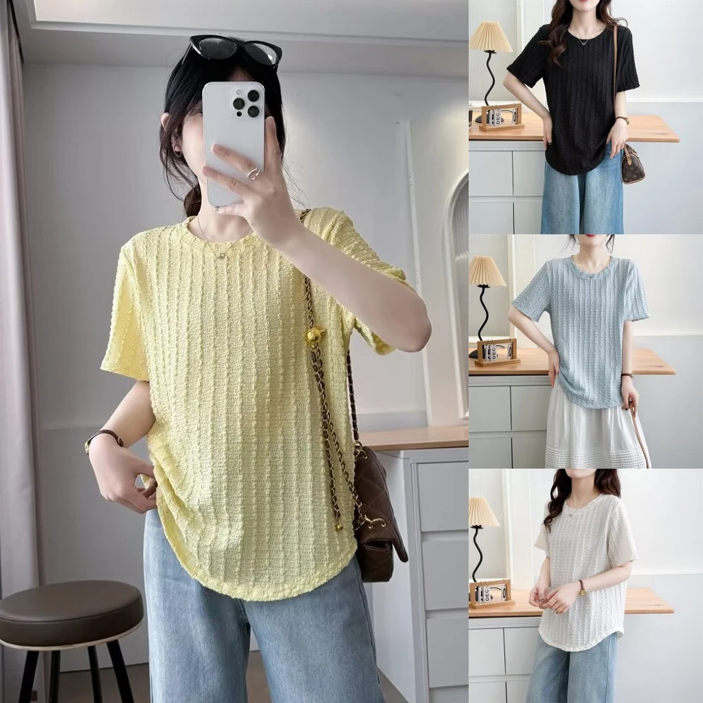 大码胖mm百搭显瘦肌理感珍珠褶短袖T恤夏季新款宽松遮肚减龄上衣