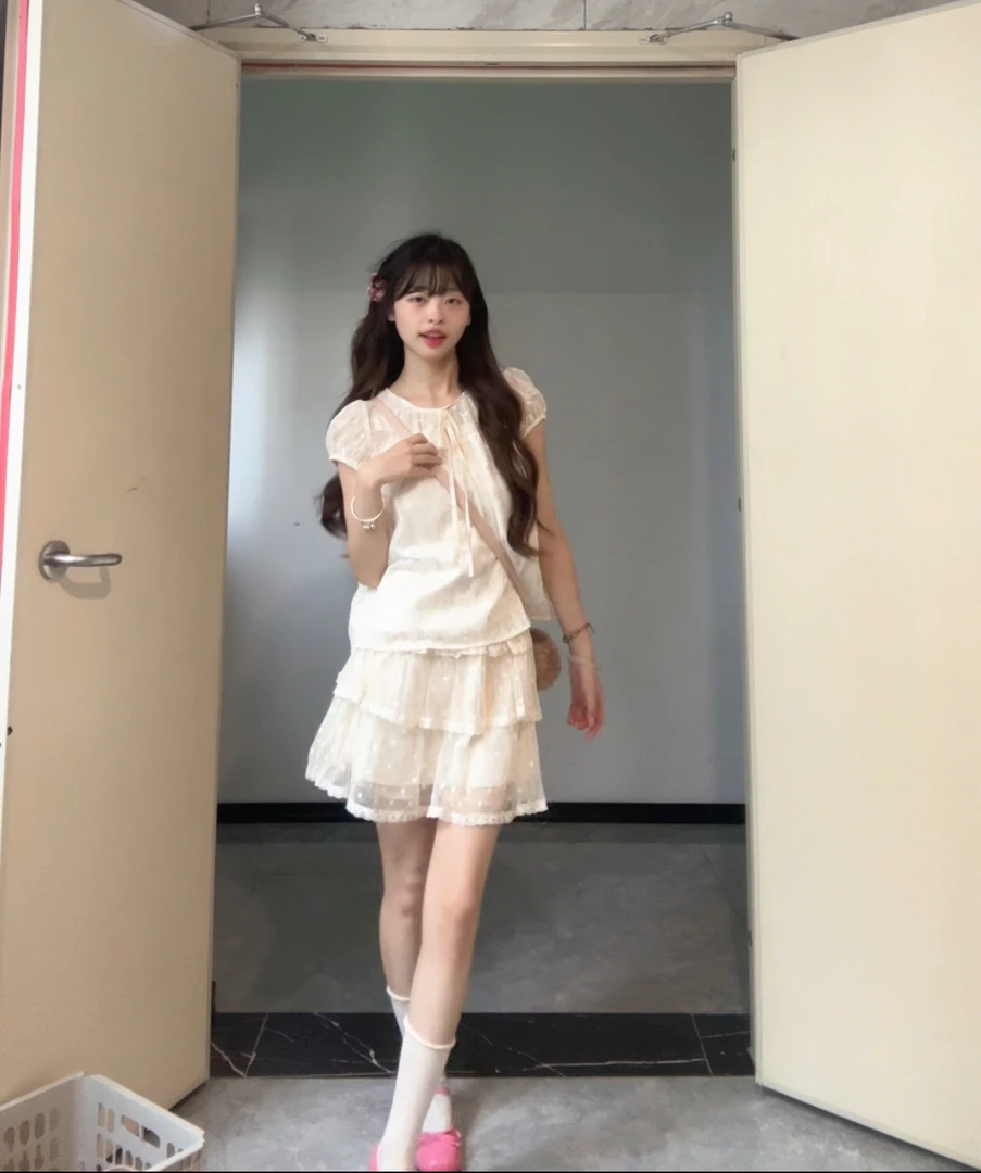 甜圈圈【雨后日记】蕾丝细带上衣韩系百搭衬衫透视波点蕾丝半身裙