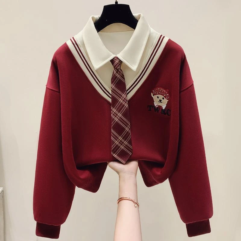 现货儿童女童秋冬加绒polo领红色卫衣中大童新款学院风假两件上衣