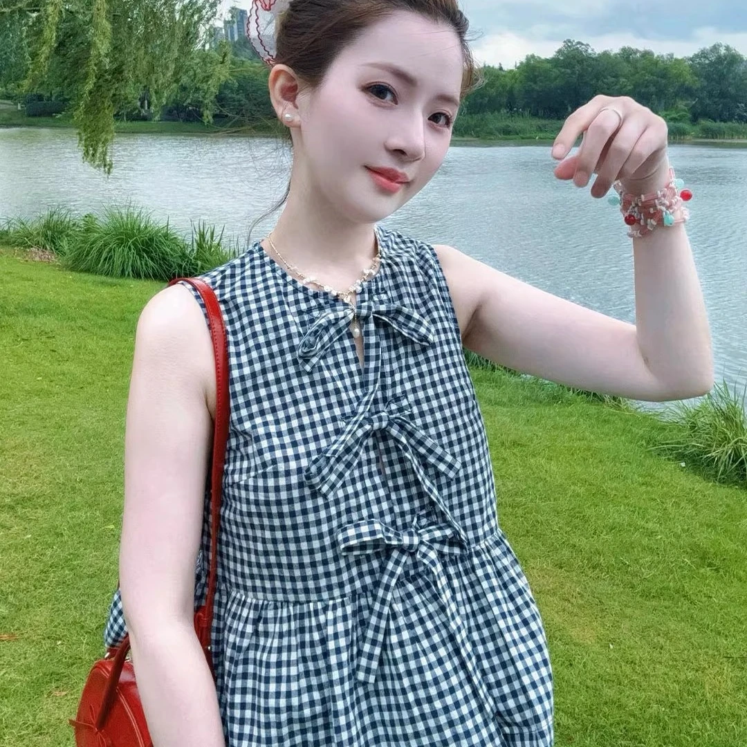 法式蝴蝶结格子无袖背心衬衫女夏季小衫小个子短款收腰娃娃衫上衣
