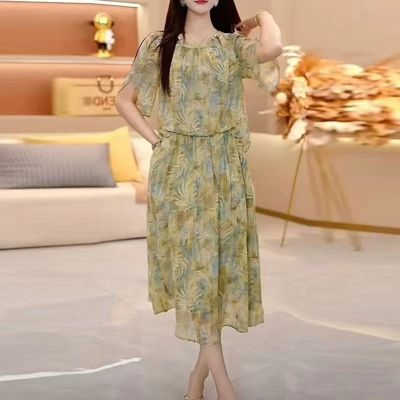 5322#洋气碎花假两件遮肚连衣裙2025夏季时尚减龄中长款