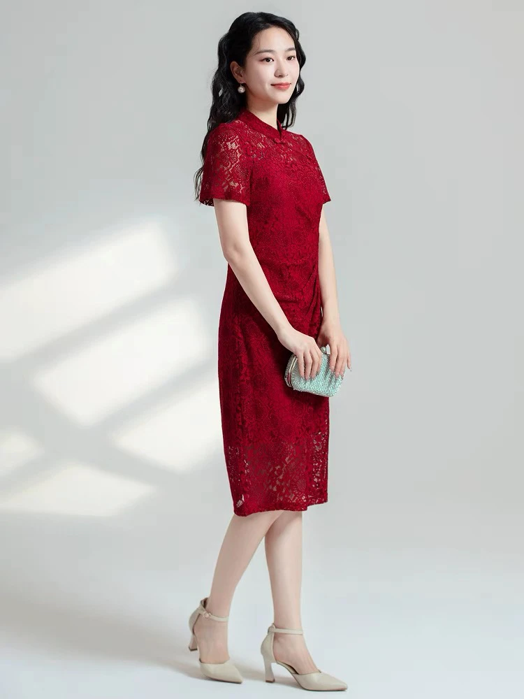 2503短袖纯色拼接常规袖中长裙旗袍夏季蕾丝高质感穿搭蕾丝