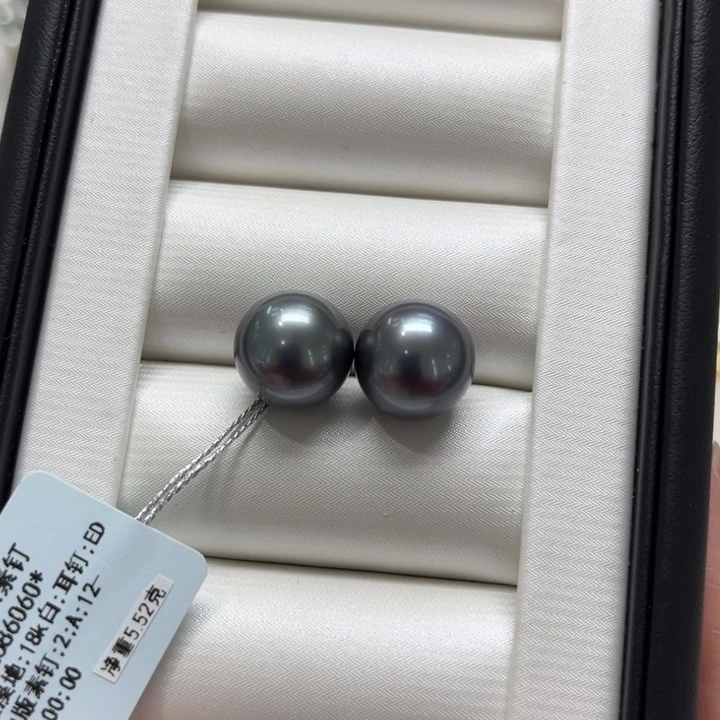 海水珍珠上新大溪地深蓝光素钉12-13mm18K金镶嵌