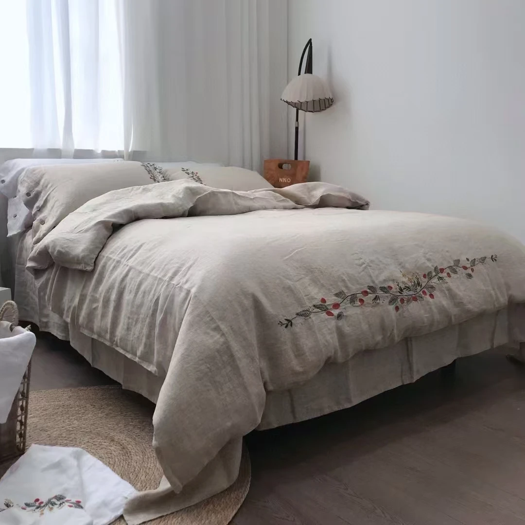 【小松果四件套】14支汉麻双雨露小松果刺绣四件套