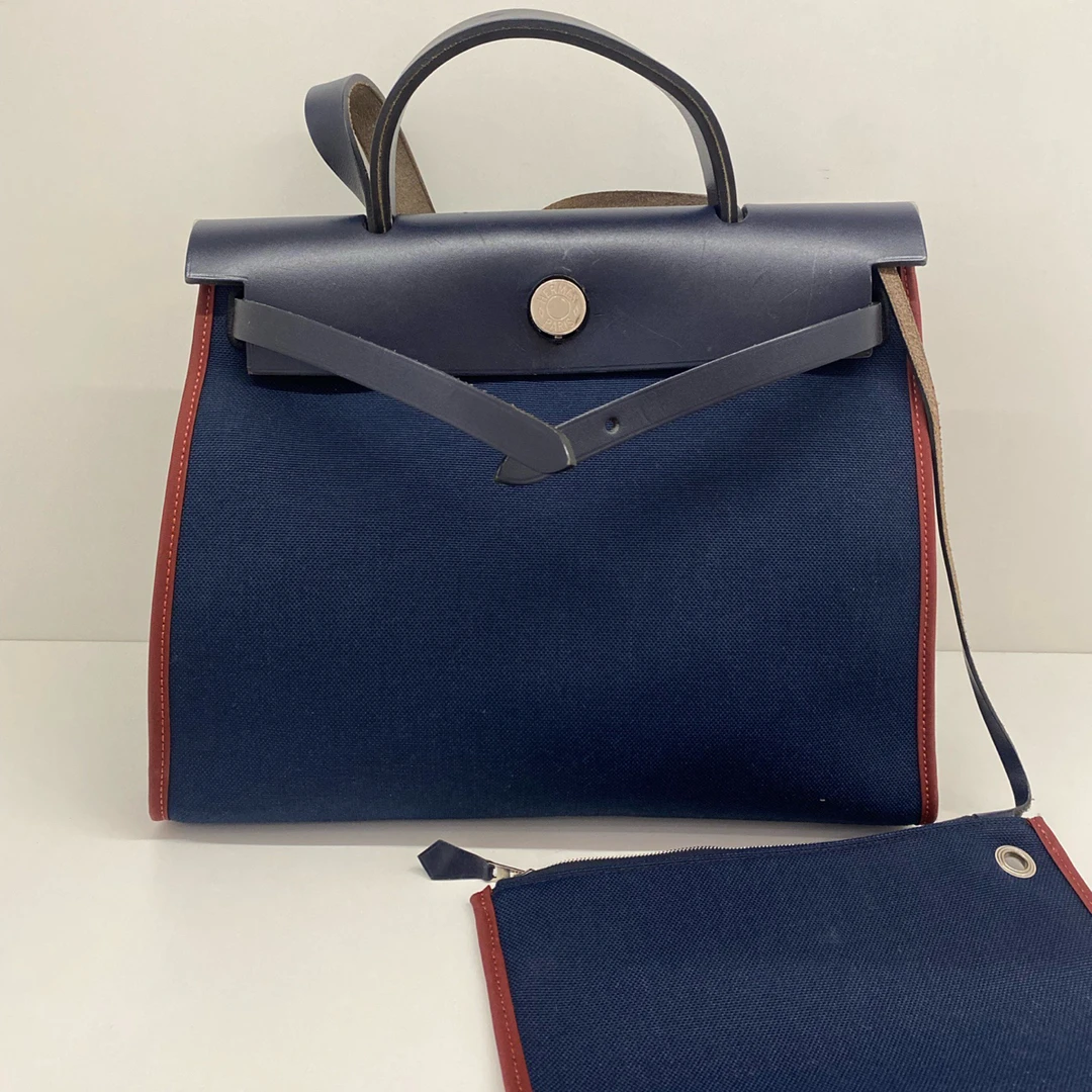 95新 Hermes/爱马仕 herbag31鸢尾蓝T刻银扣二合一 可以手提斜挎