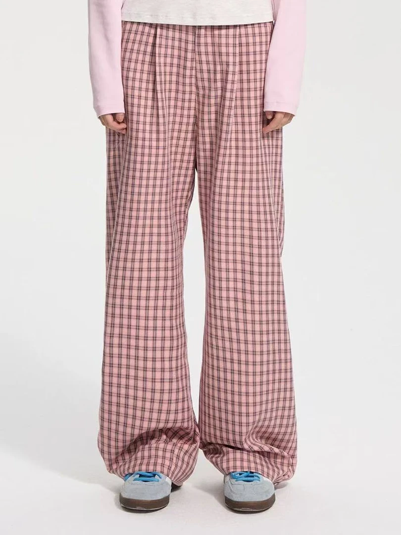 A9-2两色“小格纹”松紧腰直筒裤（230422）