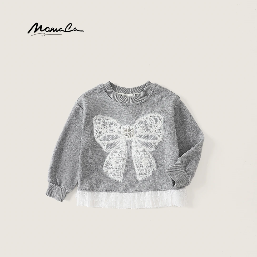 MOMOCO春秋季女童洋气甜美花边卫衣可爱蝴蝶结上衣77780232008