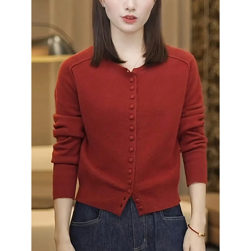 NUMEN BUTTON/灵扣红色休闲圆领长袖针织开衫女2025秋季新款上衣