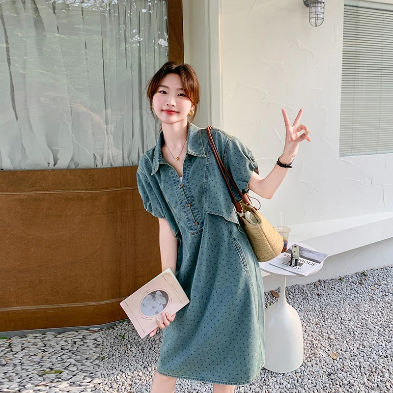 复古风波点POLO领牛仔连衣裙女夏季2025年新款休闲宽松减龄中长裙