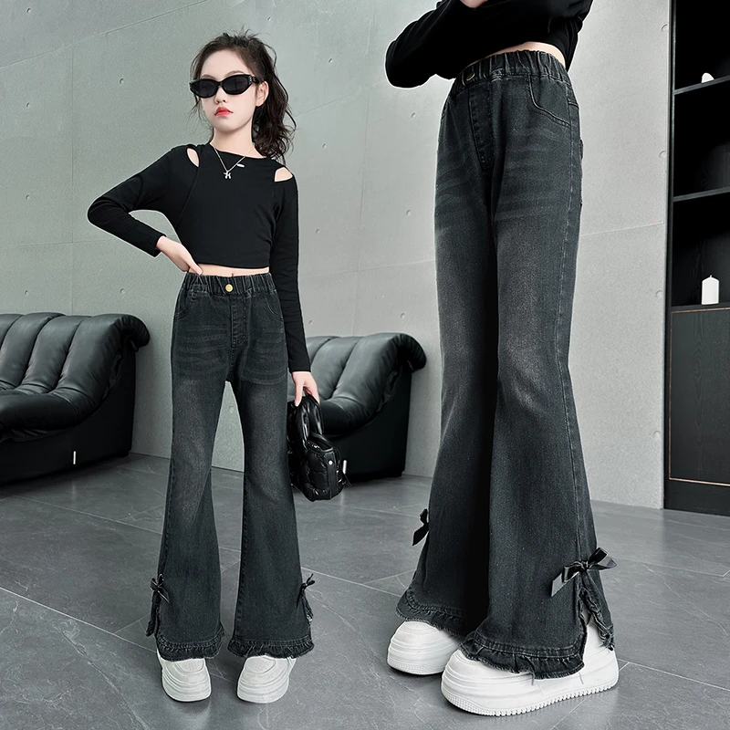 女童裤子春秋款学生新款黑色喇叭裤女孩大童初中生微喇牛仔裤