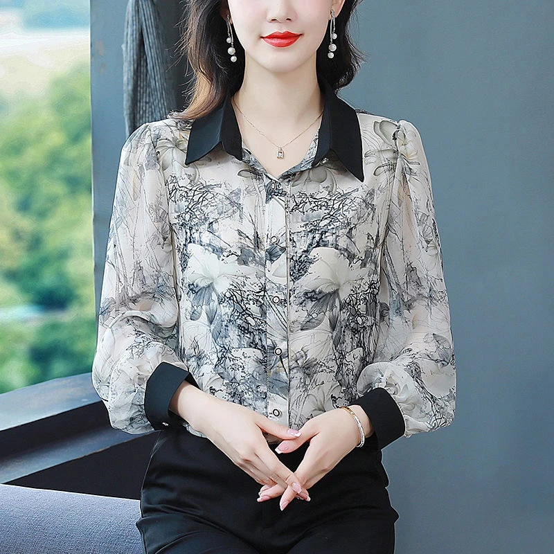 【25年上新】气质洋气女士减龄洋气外穿复古长袖碎花衬衫女-5051