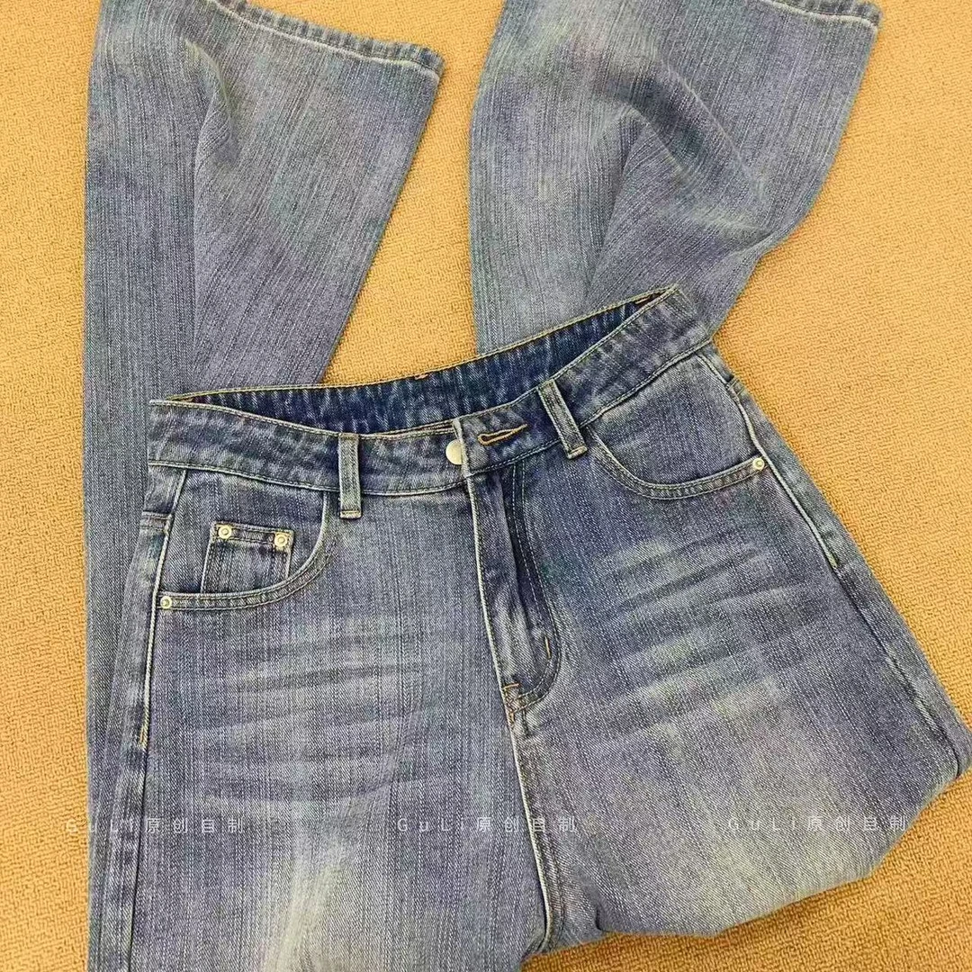 GL 经典基础特殊面料竹节水洗宽松高腰阔腿牛仔裤女夏显瘦高级感