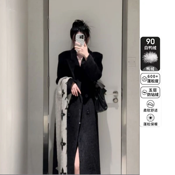 【羽绒款】高级感韩系黑大衣女秋冬毛呢外套羽绒服正肩羽绒大衣