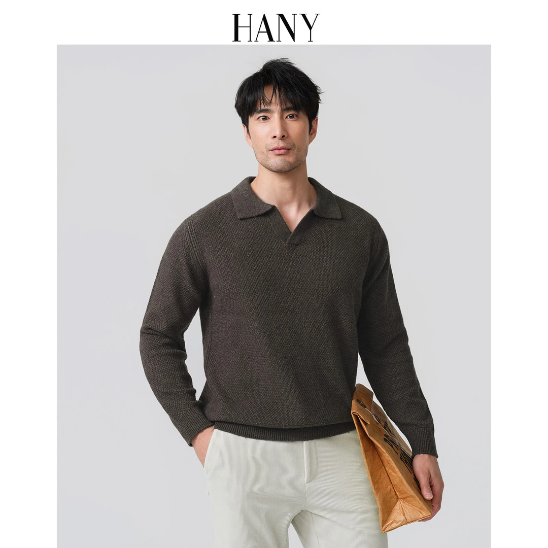 HANY[意式海鸥领花纱羊毛衫]针织衫男2025新款加厚保暖棕色毛衣冬