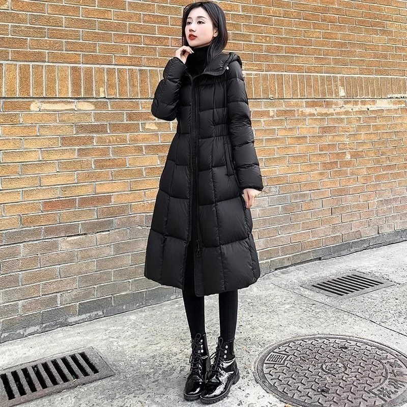 2025新款冬季收腰超长黑色羽绒棉服外套加厚显瘦连帽中长款棉袄
