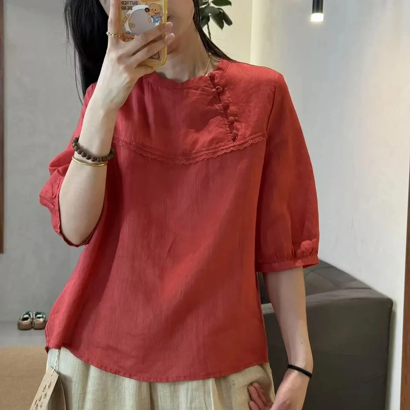 30309-复古文艺绣花斜襟盘扣中袖苎麻衬衫夏季女士