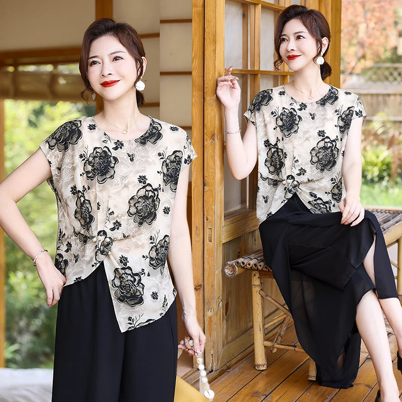 2025年新款妈妈春夏装两件套套装薄款中老年女上衣时尚aa6107