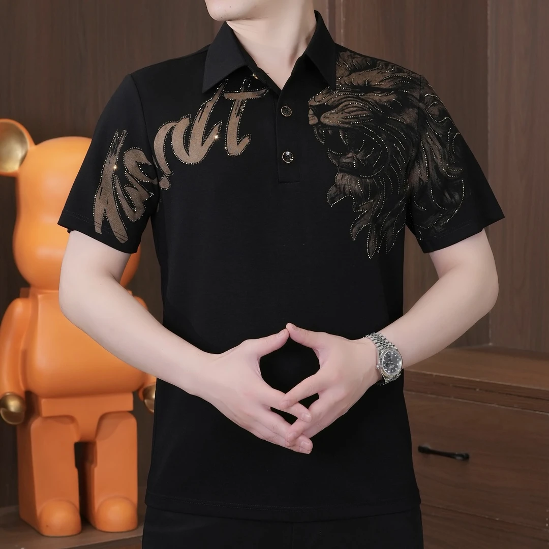 2025男士夏季新款翻领短袖烫金半袖时尚POLO衫薄款潮流修身商务