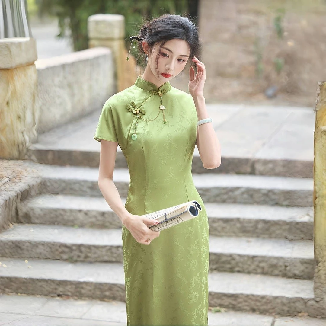 绿色送考旗袍连衣裙夏季新款双层复古改良新中式年轻长款修身日常