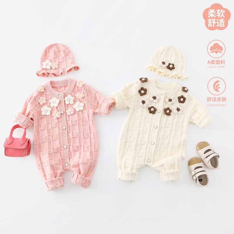 婴儿秋季毛线连身衣2024新款女宝宝秋装针织爬服甜美公主花朵哈衣