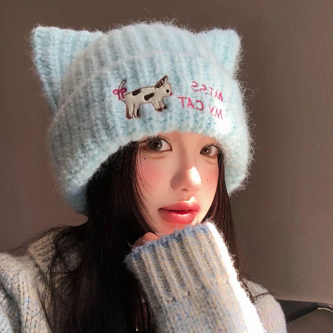 可爱猫咪耳朵刺绣蓝色毛线帽女秋冬保暖大头围显脸小防寒针织帽子
